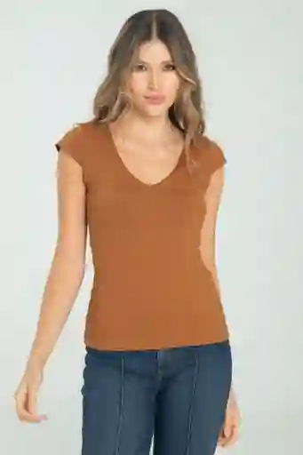Camiseta Basica Escote V Color Cafe Caramelo Talla M Ragged