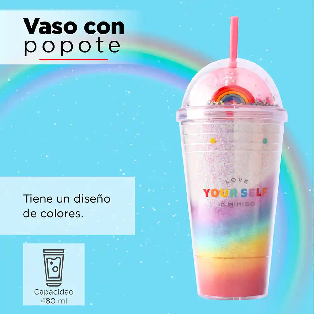 Miniso Vaso de Plastico Doble Capa Con Pitillo Arcoíris 480 mL