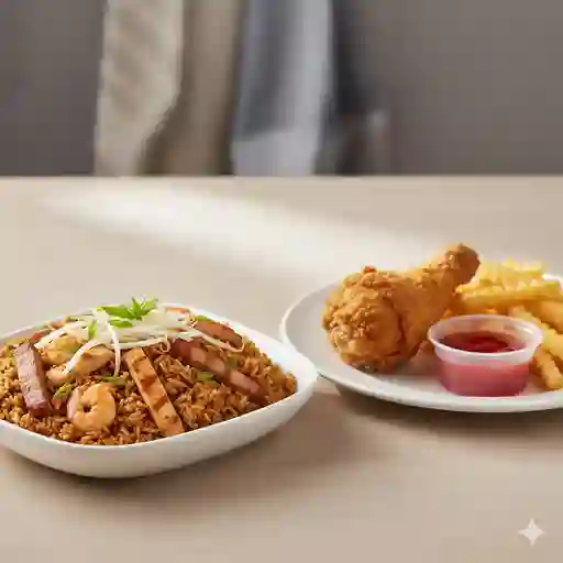 Arroz personal + pollo + papas