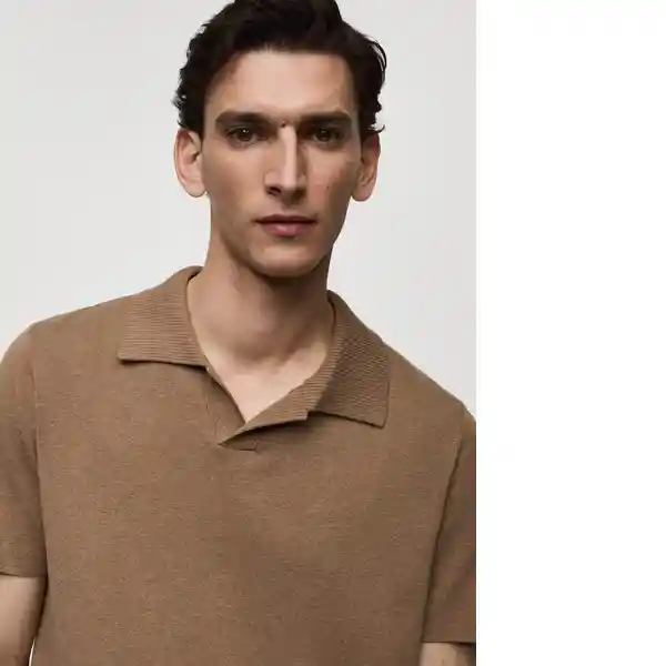 Camisa Polo Lino Camel Talla M Hombre Mango