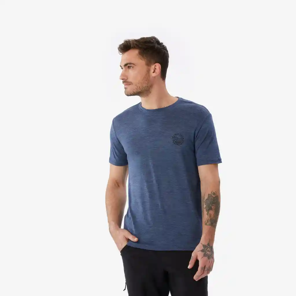 Camiseta Manga Corta Lana de Merino Trekking Viaje Hombre Travel 500 Azul