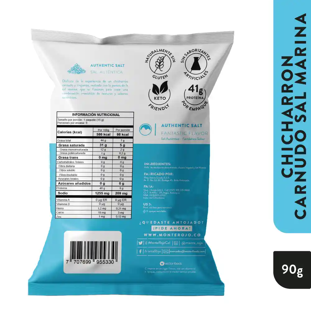 Monte Rojo Chicharrón Carnudo Sal Marina Club Colombia 90g