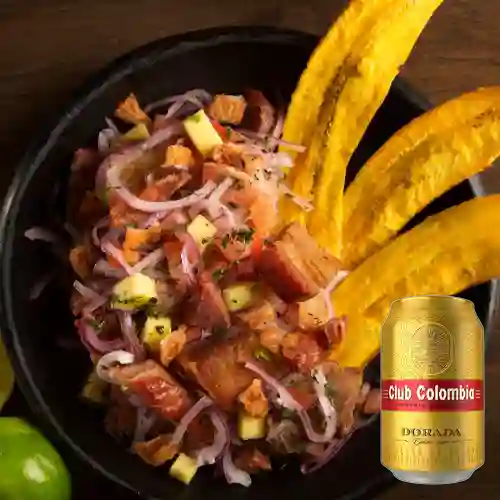 Combo Ceviche de Chicharrón +Club col. Dorada 355ml