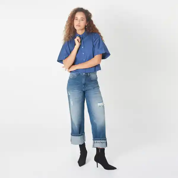 Blusa Cuello Camisero Manga Corta Azul Talla M 727525