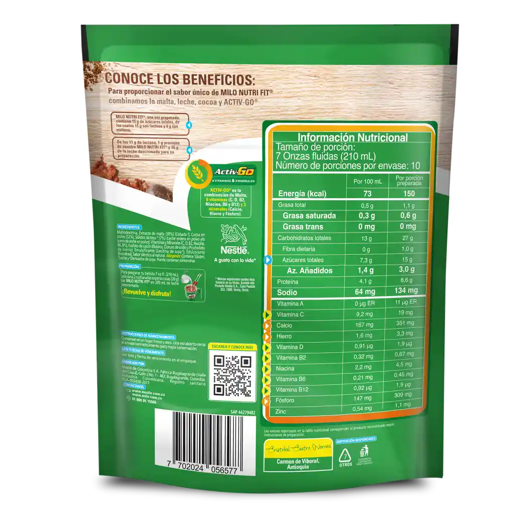 Bebida achocolatada con malta MILO NUTRIFIT menos azucares* x 200g