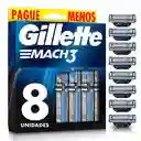 GILLETTE Mach 3 Repuestos para Cuchilla de afeitar con 3 Hojas 8 Repuestos Máquina de Afeitar para Barba Afeitadora para Hombre