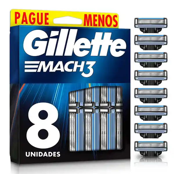 GILLETTE Mach 3 Repuestos para Cuchilla de afeitar con 3 Hojas 8 Repuestos Máquina de Afeitar para Barba Afeitadora para Hombre