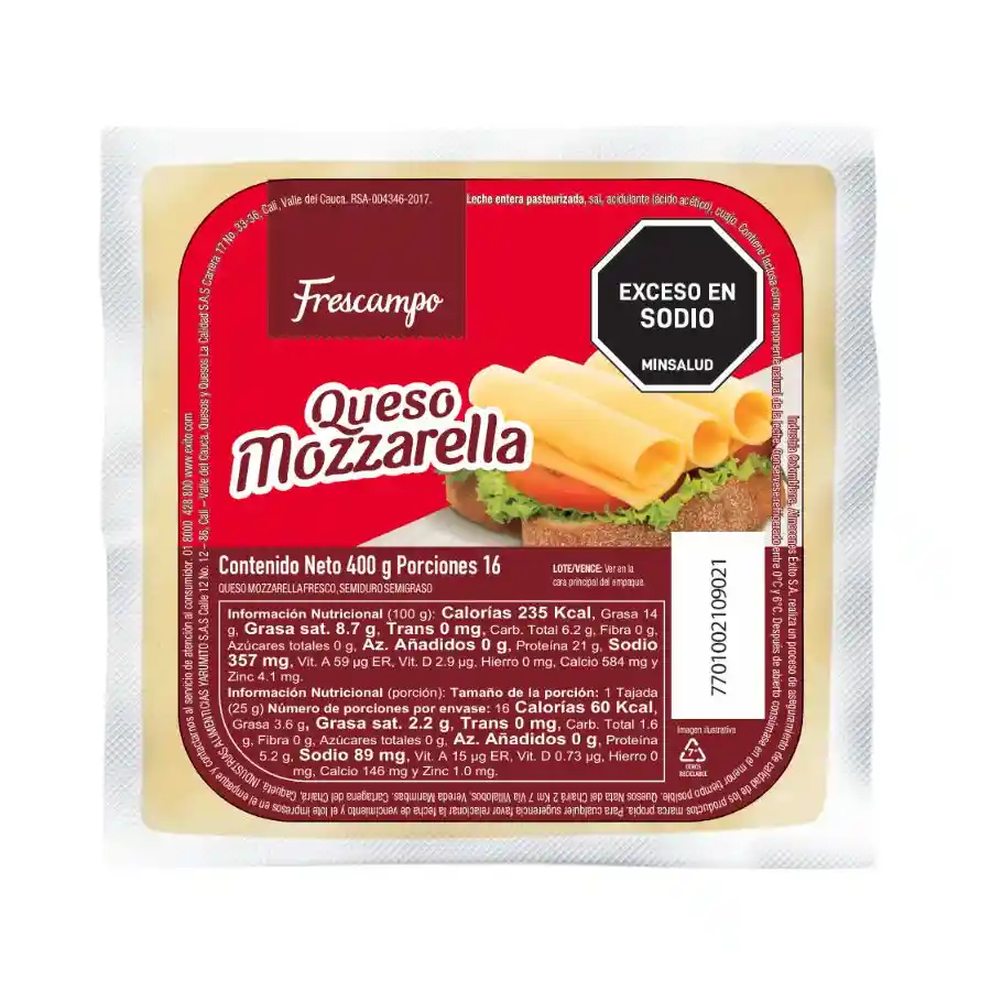 Queso Mozzarella Frescampo Tajado (400 Gr)