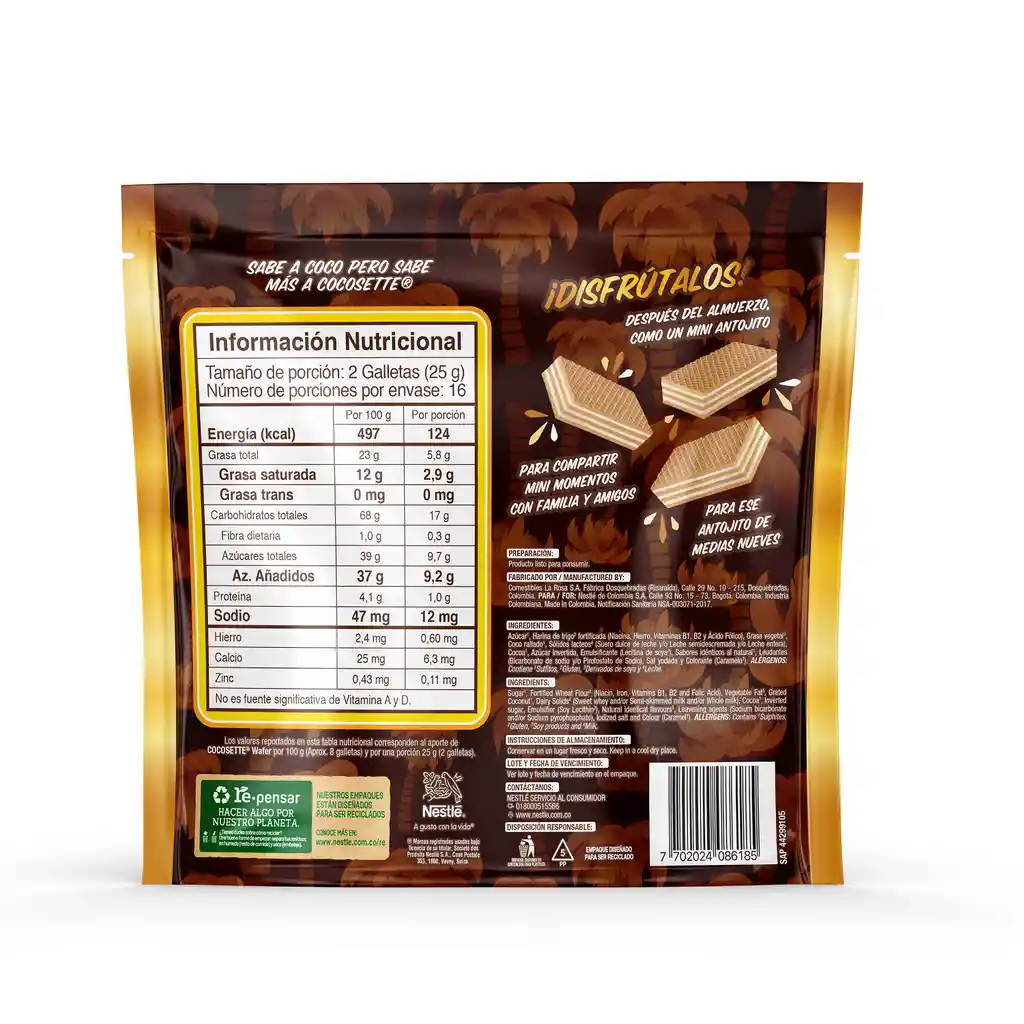 Galletas MINI COCOSETTE Wafer rellenas con crema de coco 16 Unds x 400g