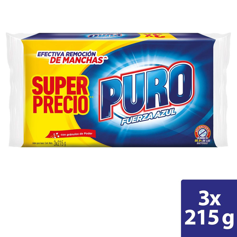 Puro Jabón para Ropa Fuerza Azul en Barra 3 x 215 g