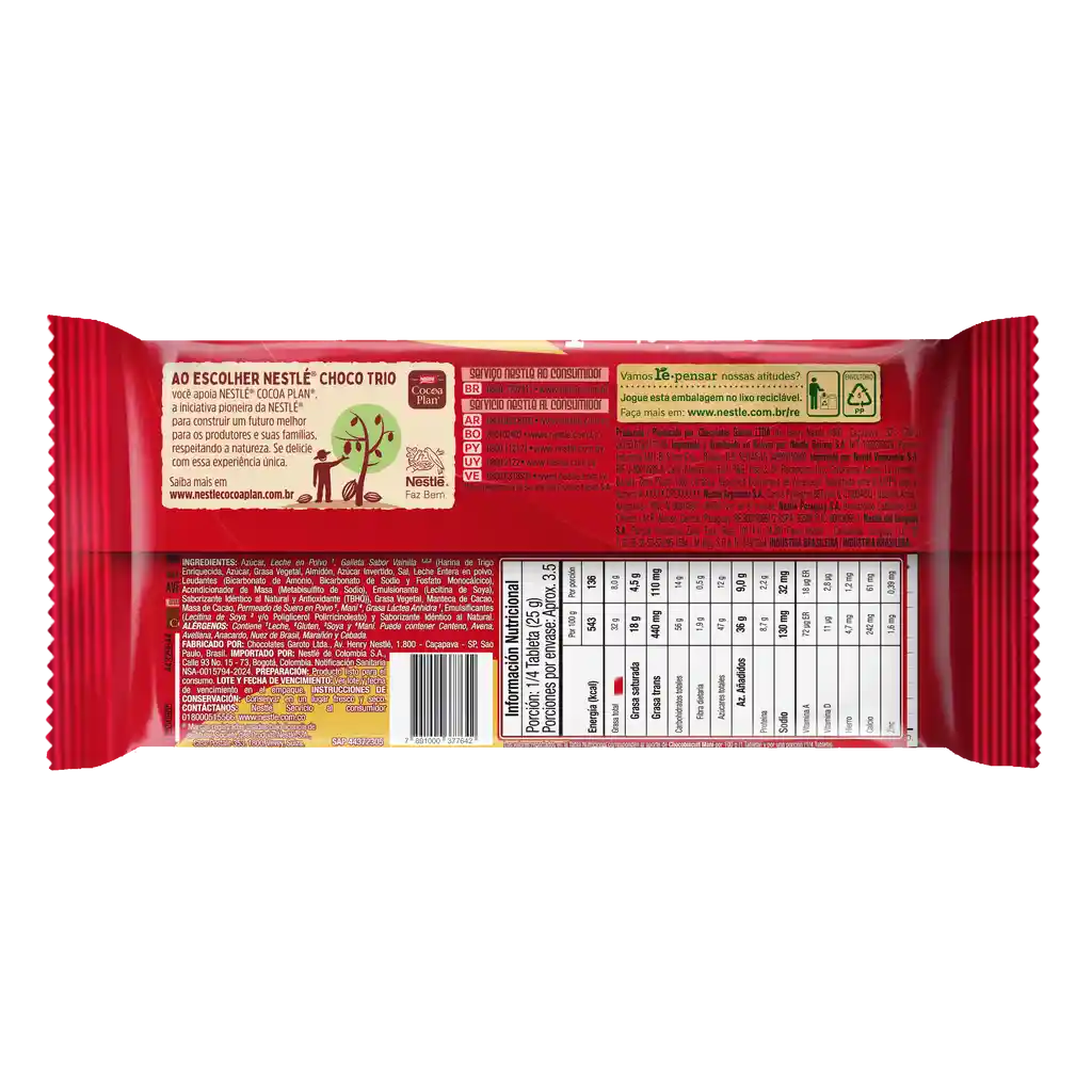 Chocolate ChocoTrio NESTLÉ con galleta y relleno de maní x 90g