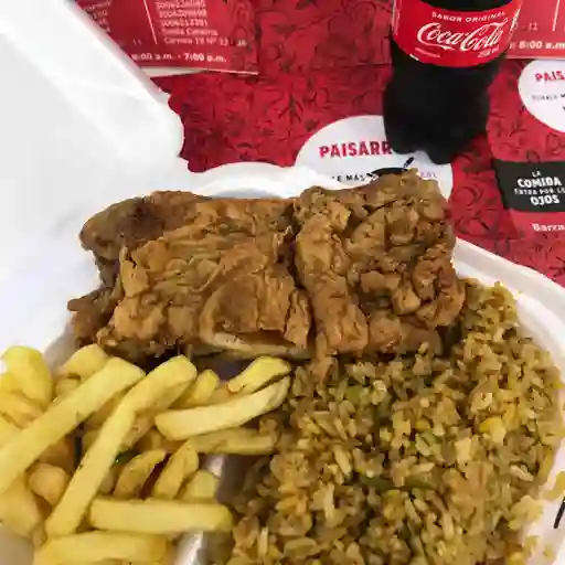 Arroz, Pollo Apanado, Papas y Bebida