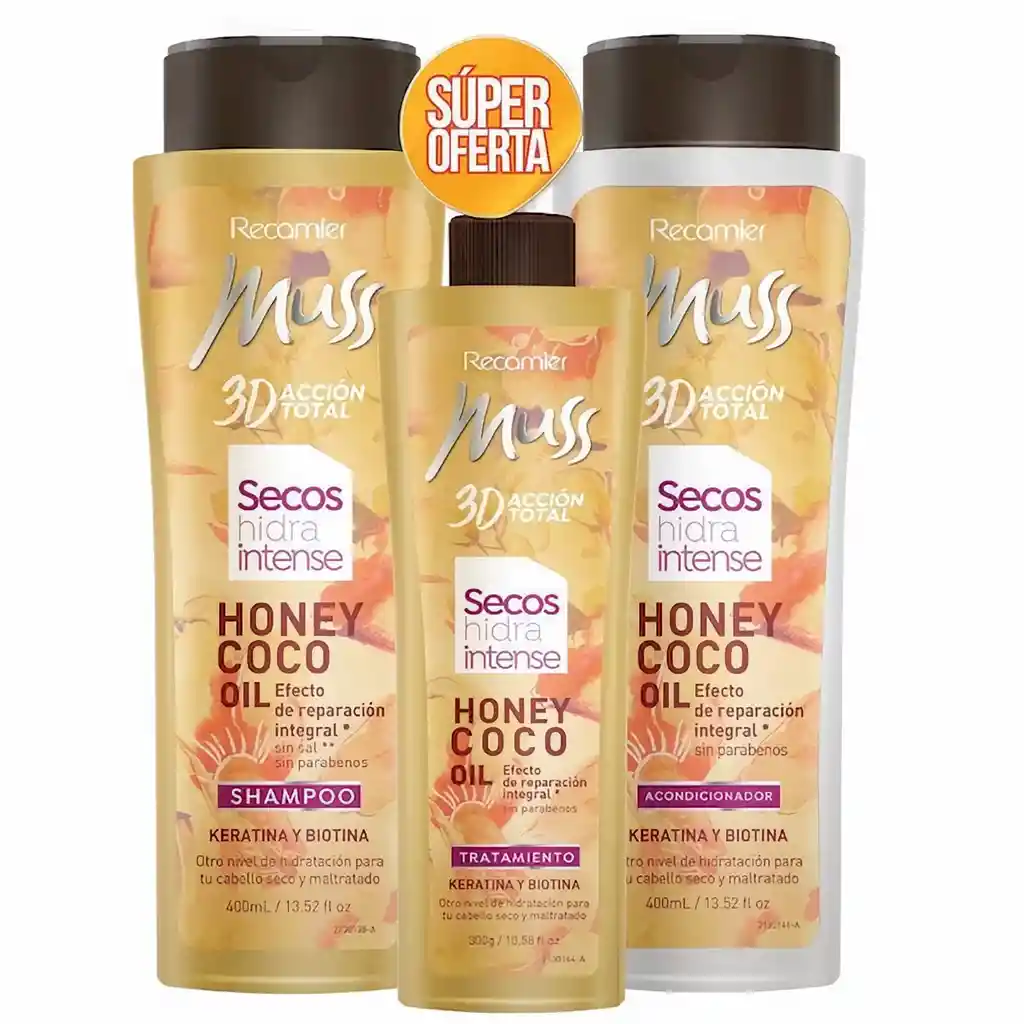 Muss Kit 3D Acción Total Secos Hidra Intense Honey Coco 