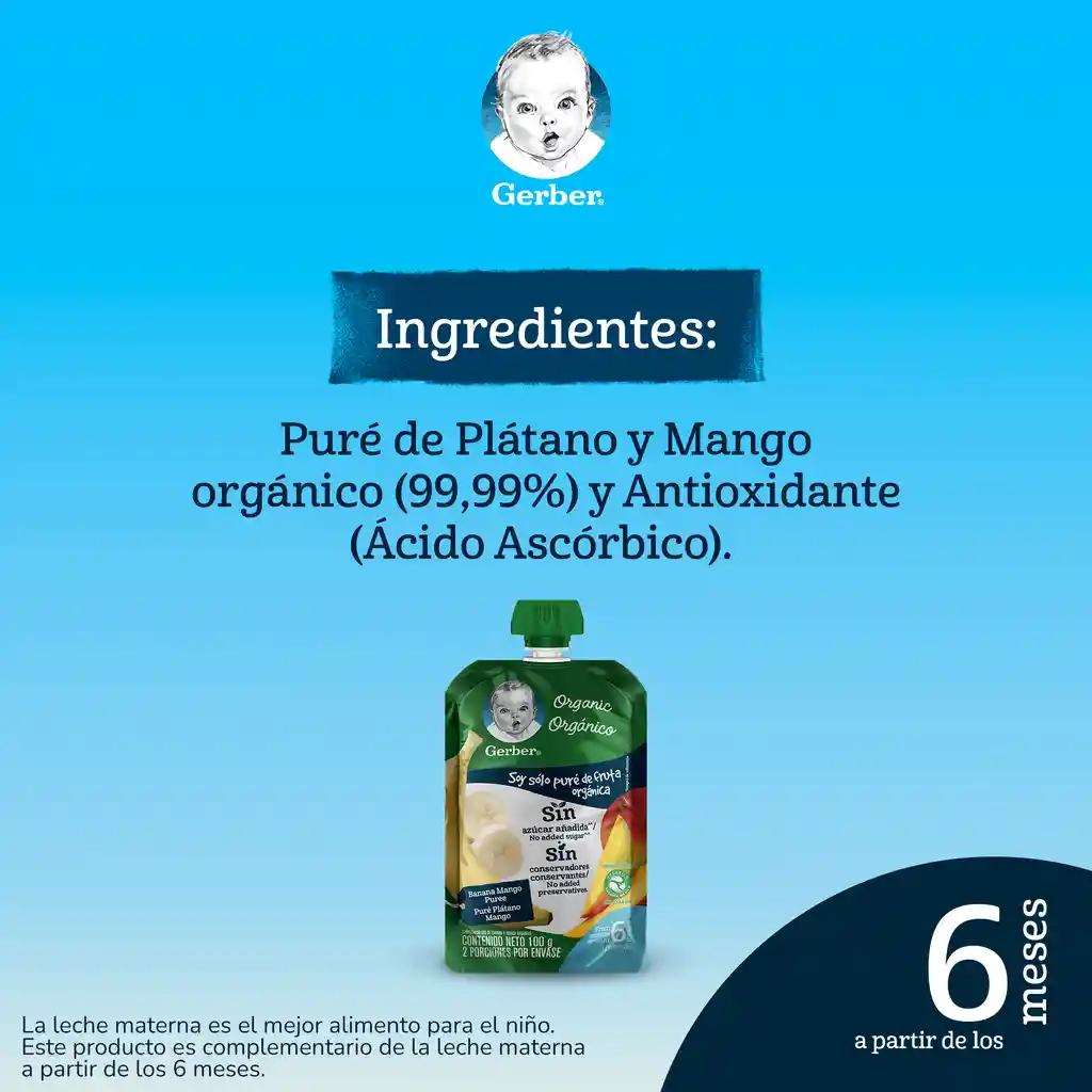 Compota orgánica GERBER Plátano Mango x 100g