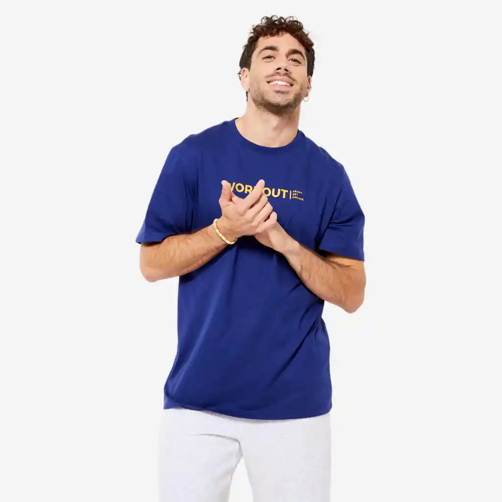 Camiseta de Fitness Manga Corta Para Hombre Domyos 500 Azul Estampado