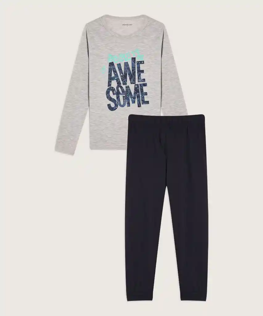 Pijama Camiseta Manga Larga Estampada y Pantalón Unicolor