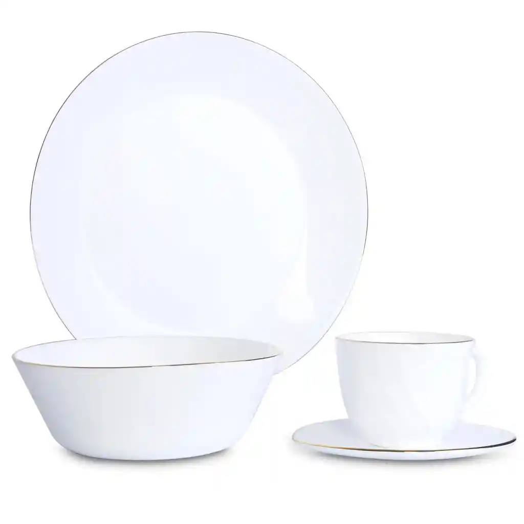 Vajilla Vitrocerámica Borde Dorado 4 Puestos 16 Piezas