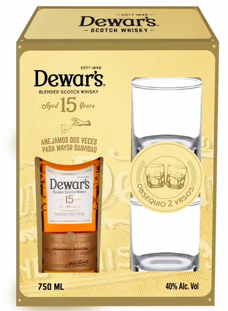 Dewars Whisky 15 Años con 2 Vasos