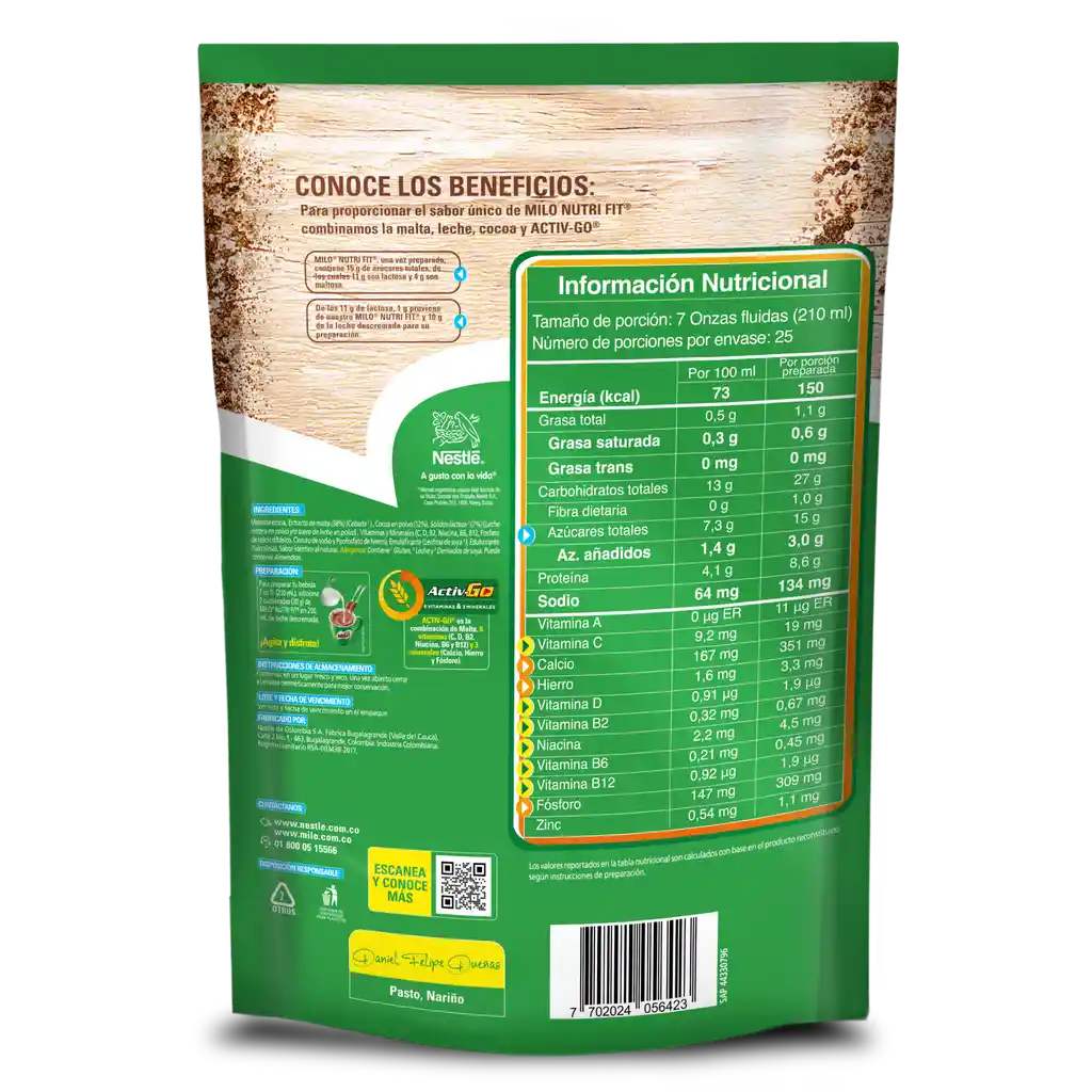Bebida achocolatada con malta MILO NUTRIFIT menos azucares* x 500g
