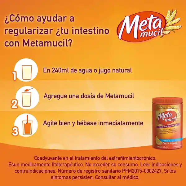 Metamucil Fibra Natural Psyllium ayuda a la regularización intestinal sabor Naranja 174 g con 30 dosis