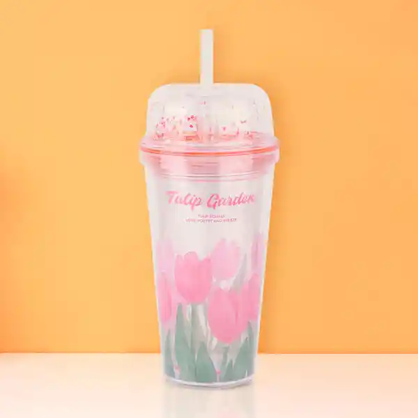 Vaso Plástico de Doble Pared Pitillo Tulip Garden 480 mL Miniso