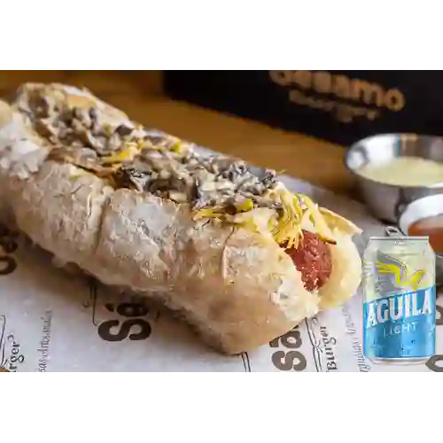 Combo Perro Pollo Champiñones + Aguila Light 355 ml