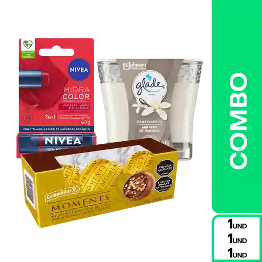 Combo Vela Vainilla + Nivea Hidratante Rojo + Moments Chocolates
