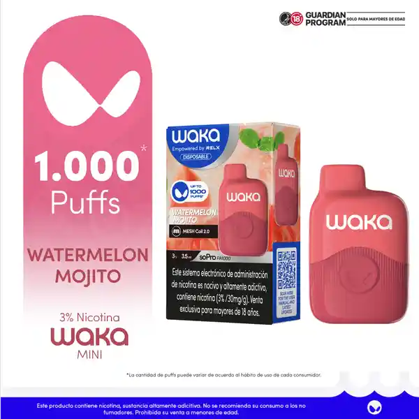 Waka Vapeador Mini Watermelon Mojito 3% 1000 Puff