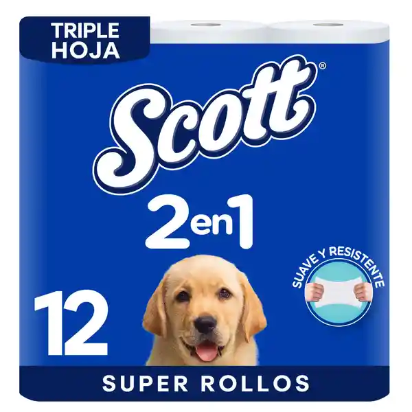 Papel Higiénico Scott 2 en1 Jumbo Triple Hoja Rollos 12 Und