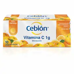 Cebión tabletas Efervescentes de Vitamina C sabor naranja con 10 unidades.