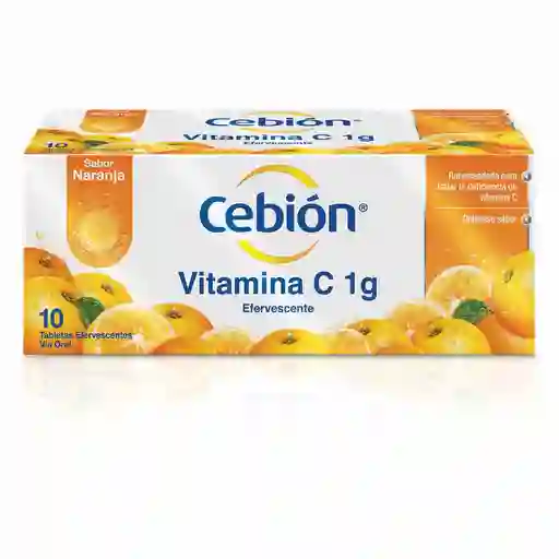 Cebión tabletas Efervescentes de Vitamina C sabor naranja con 10 unidades.