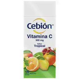 Cebión tabletas Masticables de Vitamina C sabor Tropical por 100 unidades