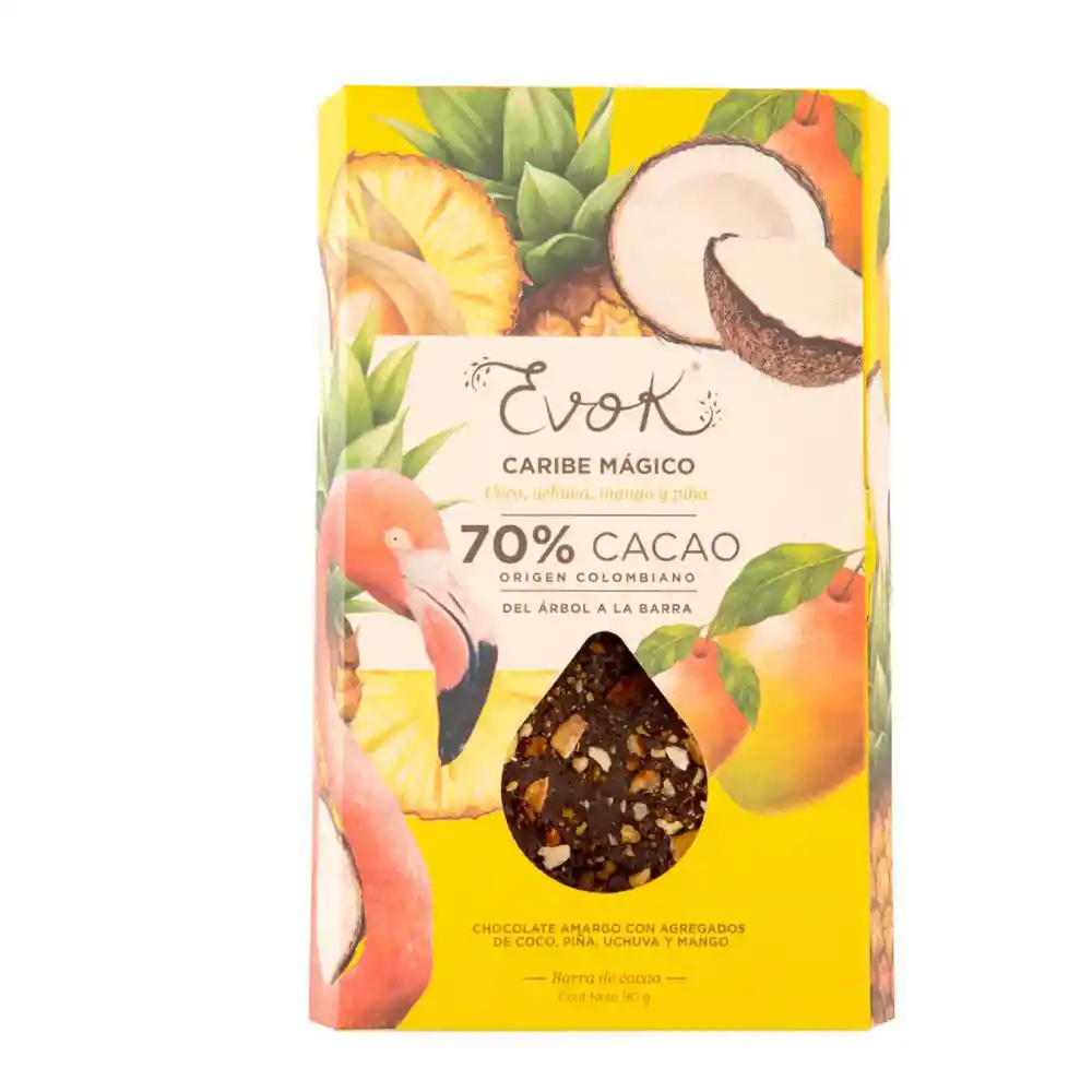 Evok Chocolate 70% cacao, Caribe Mágico Coco, piña, uchuva y mango