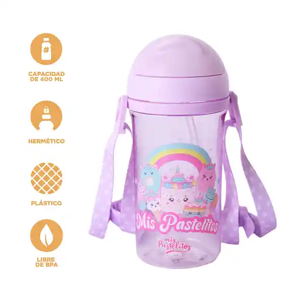 Botella Plástico Con Pitillo Serie Mis Pastelitos Morada Miniso