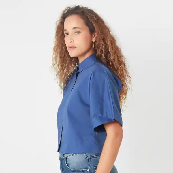 Blusa Cuello Camisero Manga Corta Azul Talla M 727525