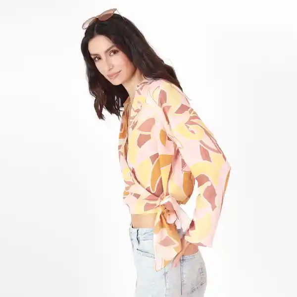 Blusa Cuello V Manga Larga Con Lazo Multicolor Talla M 694612