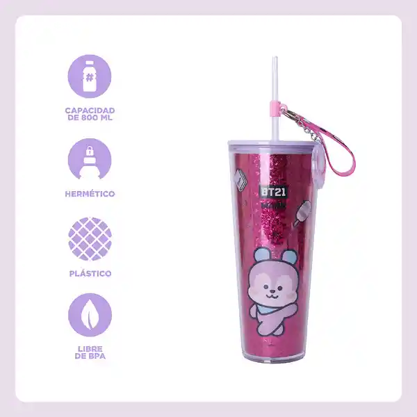 Vaso de Doble Pared Con Pitillo y Decoración Bt21 800 mL Miniso