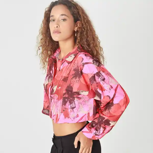 Blusa Crop Cuello Camisero Manga Larga Multicolor Talla M 718998