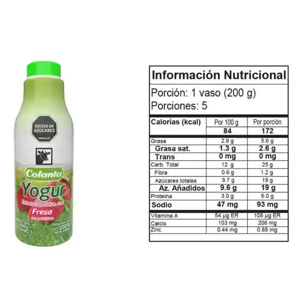 Yogur Entero Fresa Colanta Garrafa x 1000 g