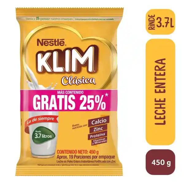 Leche en polvo KLIM Clásica x 450g gratis 90g