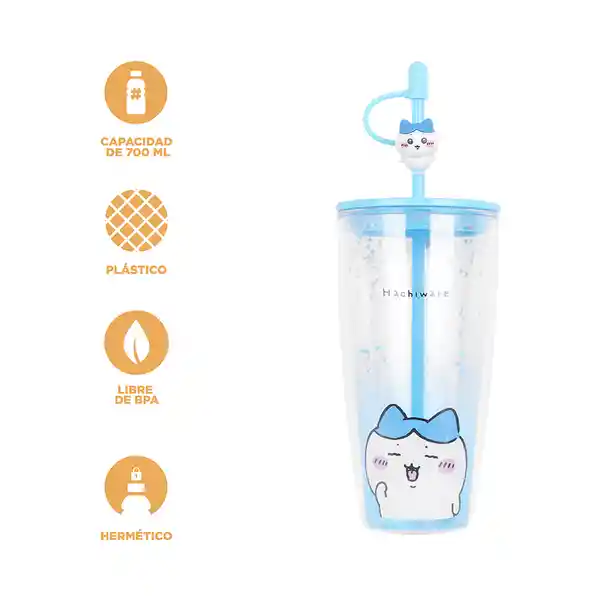 Vaso Con Doble Pared y Pitillo Hachiware Azul 700 mL Miniso