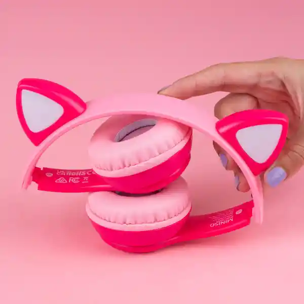 Audífonos Inalambrico Luz Led Orejas de Gato Rosa 23Bf06 Miniso