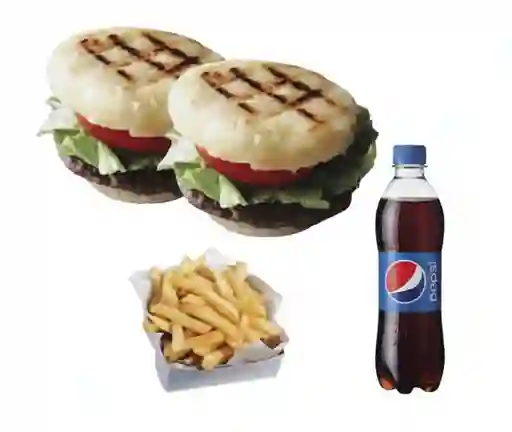 Arepa Burger X2 con Papas y Gaseosas