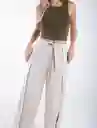 Pantalón Tira Amarrar Frente Crudo Beige Claro Talla M Mujer Naf Naf