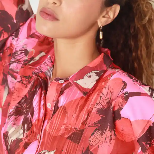 Blusa Crop Cuello Camisero Manga Larga Multicolor Talla M 718998