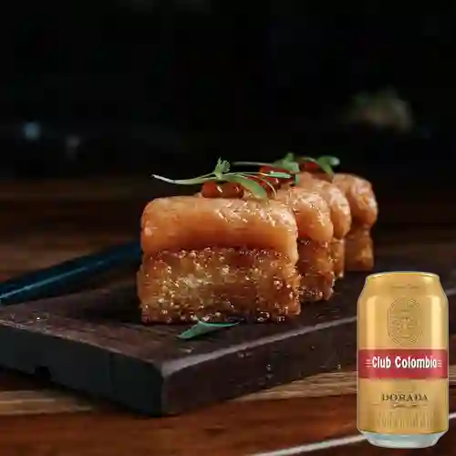 Combo Salmón Crispy Rice + Club col. Dorada Lta 330ml