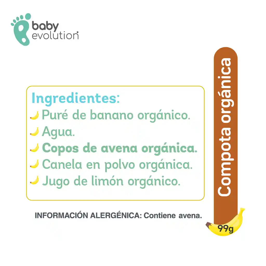 Baby Evolution Compota Orgánica  Banano Avena. 0g de azúcar añadido.