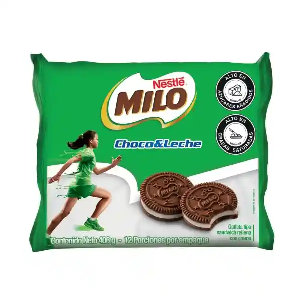 Galletas MILO Choco & Leche rellenas con crema 12 Unds x 408g