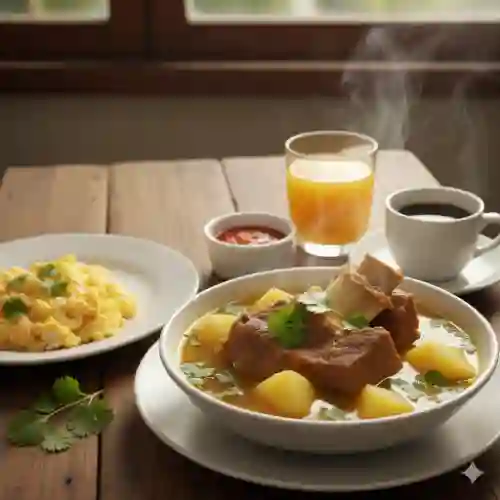 Caldo de Costilla +huevos Revueltos +caf