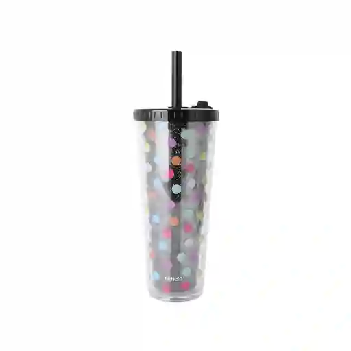 Vaso Plástico Doble Pared Con Pitillo Dots Negro 720 mL Miniso
